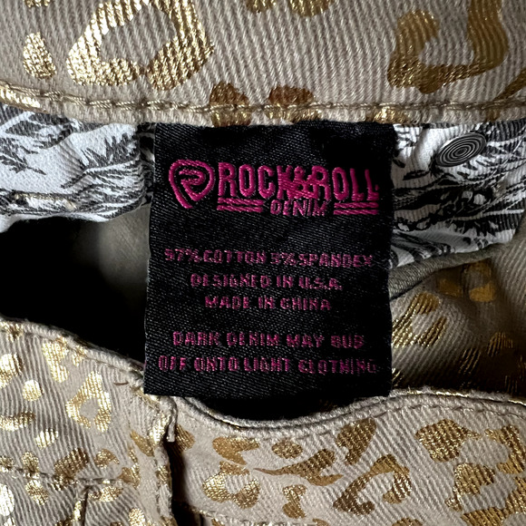 Rock & Roll Denim Ladies 30x30 Metallic Gold Cheetah High Rise Flare Disco Jeans - Picture 7 of 14